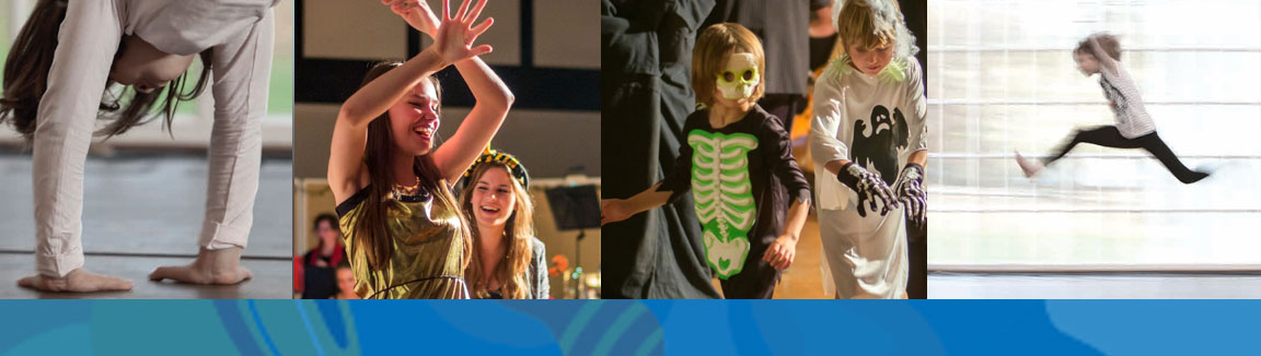 Collage aus vier Bildern: Ausschnitt Kopf, Arme und Hände eines vielleicht 5-jährigen Kindes mit braunen Haaren, das im Handstand steht, dann zwei lachende Teenager, das Mädchen im Vordergrund kreuzt die Hände über dem Kopf; zwei kurze im Halloween-Kostüm; ein Kind in Bewegungsunschärfe, das weit springt. Eingefangen ist der Moment in der Luft.